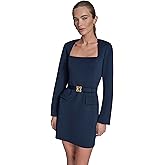BCBG Womens Long Sleeve Square Neck Belted Structured A-line Mini Dress