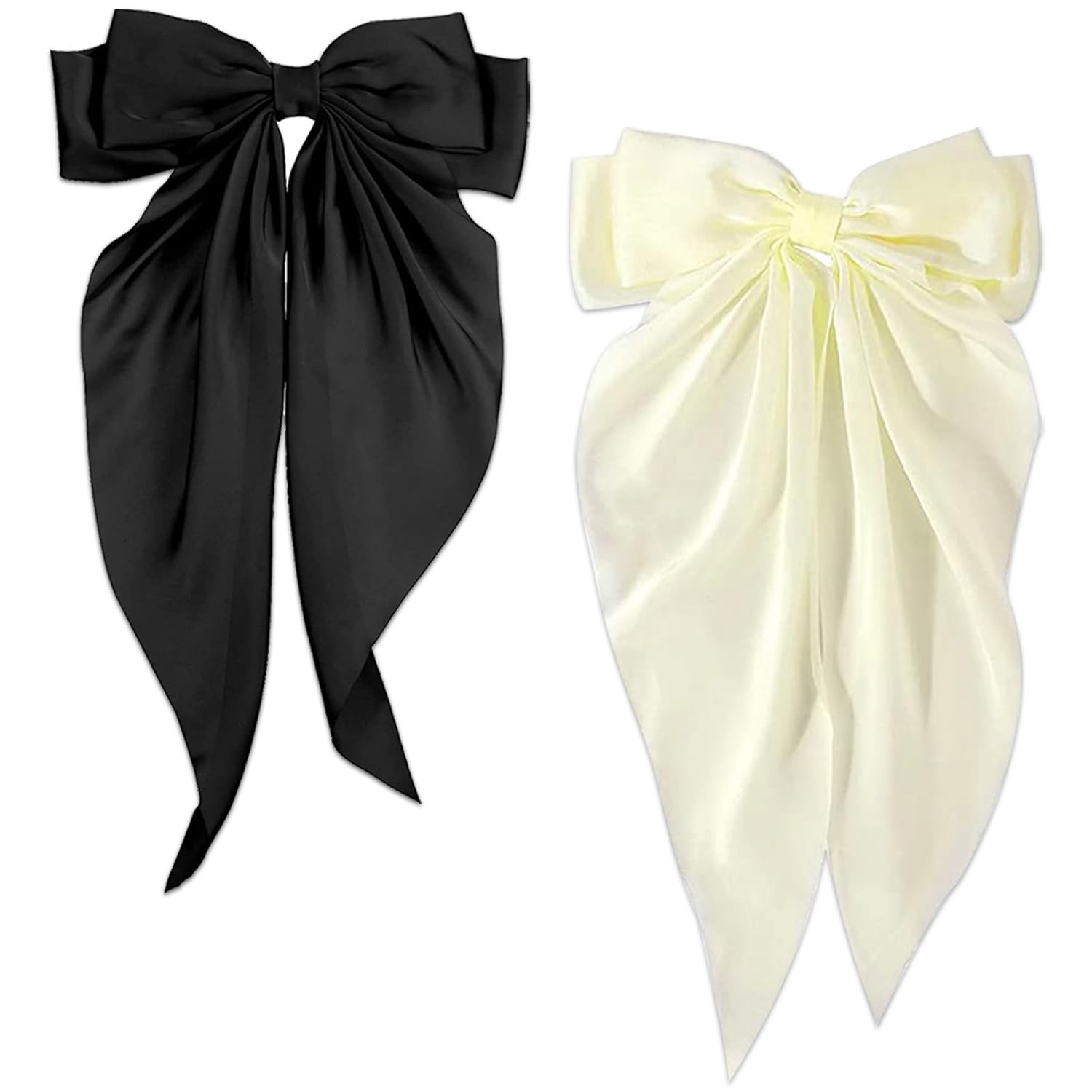 Bow Hair Clip, Hair Bows for Women Big Bowknot Hairpin French Hair Clips with Long Ribbon Solid Color Barrette Clips for Women Girls(Black+creamy-white) — image 1