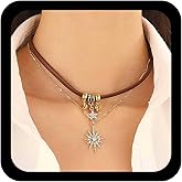 Allereyae Vintage Layered North Star Necklace Gold Crystal Sunburst Pendent Necklaces Star Leather Necklaces Cz Starburst Necklace Rhinestone Sun Choker Jewelry for Women