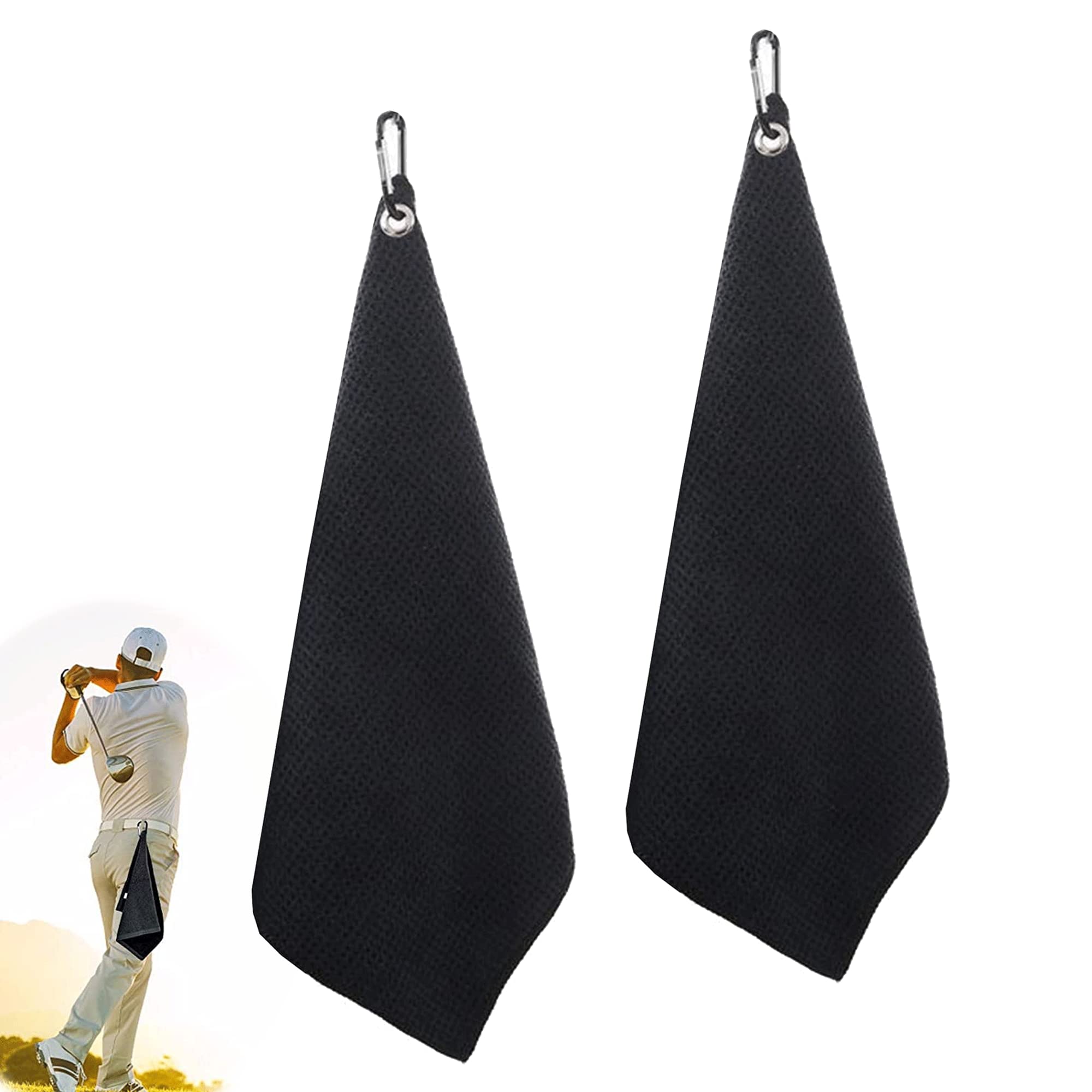 Bansusu Golf Towels for Golf Bags With Clip, 2PCS Small Microfiber Fabric Absorbent Cleaning Towels, Multifunction With Carabiner for Fitness Sport Yoga Camping Gym, Black