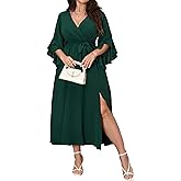 Womens Plus Size Dress Wedding Guest Cocktail Ruffle Half Sleeve Wrap V Neck Slit A Line Maxi Dresses with Belt