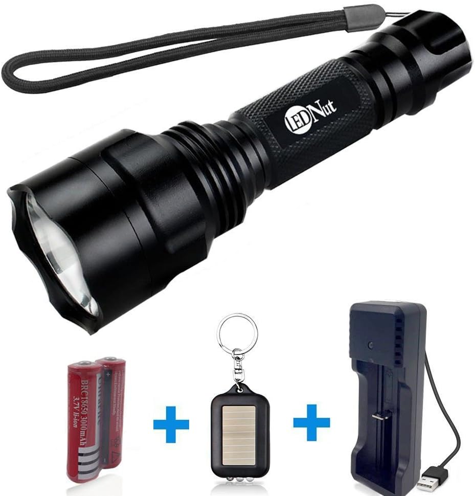 LEDNut 1000 Lumen C8 Flashlight Torch with 2 Rechargeable 18650 batteries, an USB charger and a Solar Key-chain for Camping.