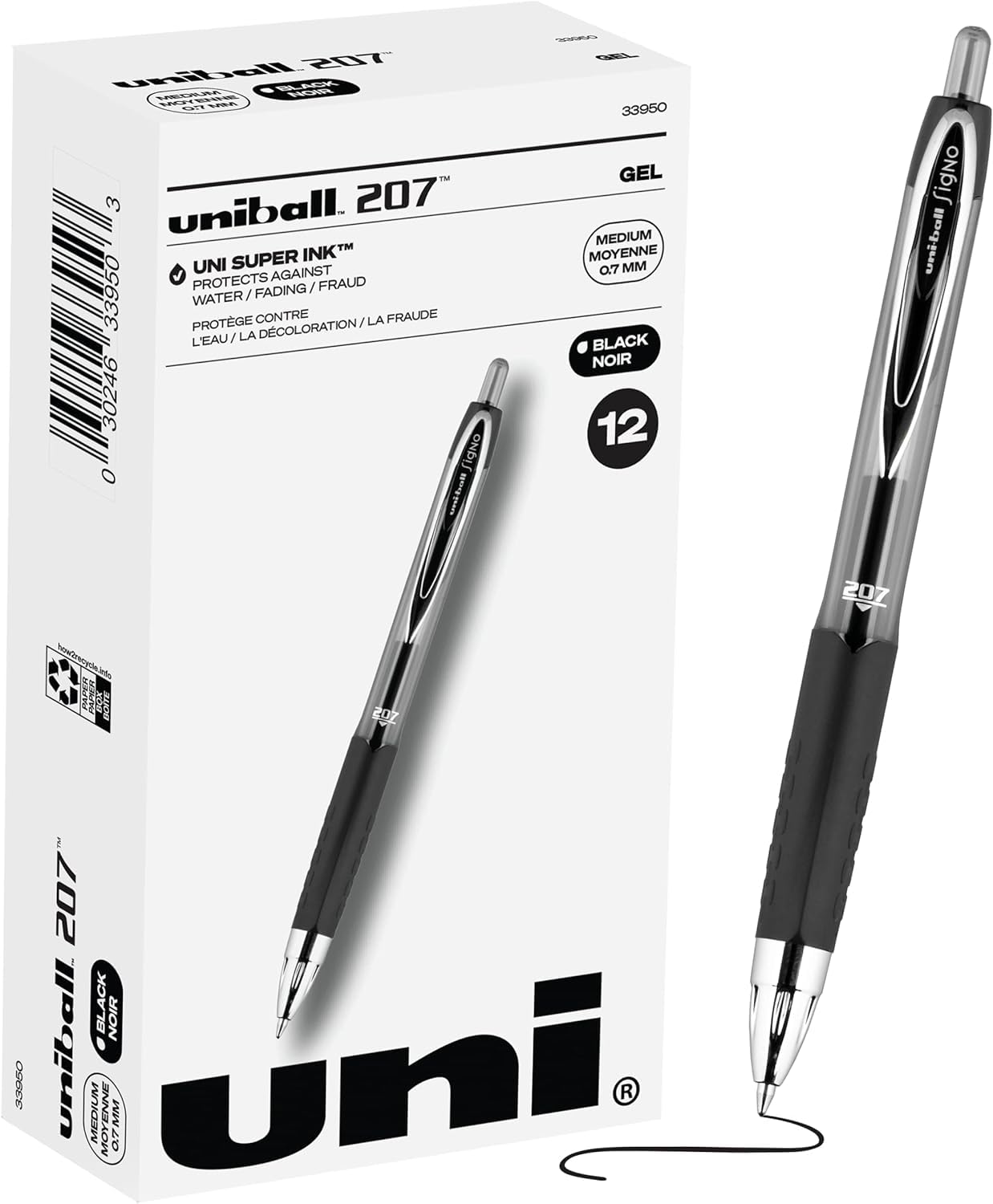 Black Retractable Gel Pens 12 Pack with Medium Points 207 Signo - Main Image