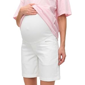 BLENCOT Maternity Denim Shorts Over Belly Pregnancy Jean Shorts | Summer Stretchy Comfy Lounge Workout Walking Jeans with Poc