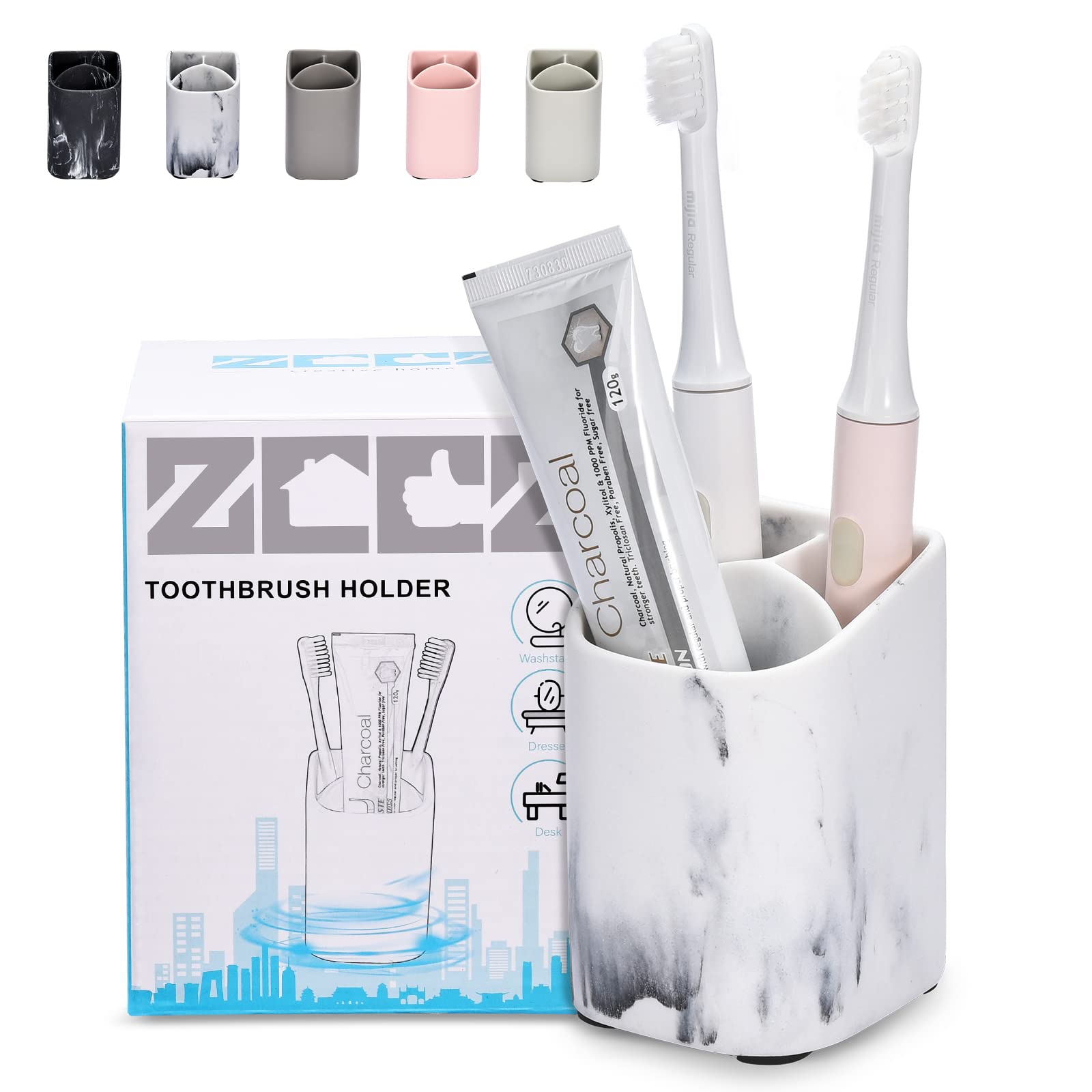zccz Toothbrush Holder for Bathroom - Electric Toothbrush and Toothpaste Holder - Bathroom Countertop Cup Organizer Razor Makeup Brushes Pencil Holder Stand - White Marble Pattern