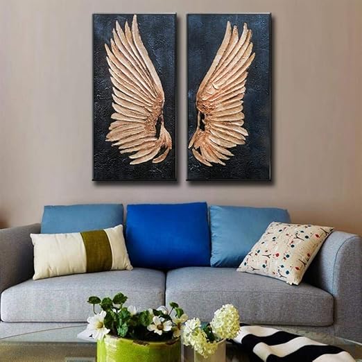 Woplmh 2 Paneles Abstractos Alas De Oro Pintura Nueva Decoracion
