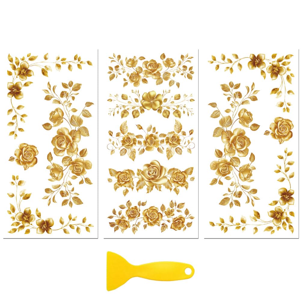 Photo 1 of Peacoblue Rub on Transfer Decal Sticker for Furniture Craft Decor 6"x12" Golden Lace with Corner, 3Pcs Waterproof UV DTF Transfer for Drawer Dresser Glass Porcelain Wood Plastic Window