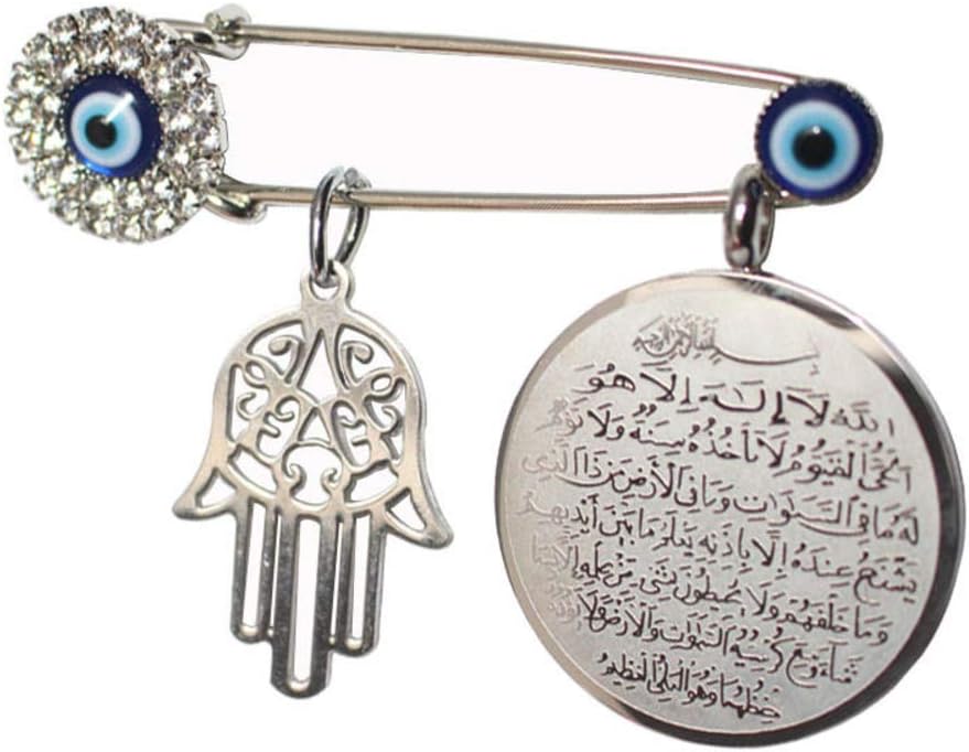 Muslim Islam Hamsa Hand of Fatima Turkish Evil Eye Scarf Hijab Crystal Stainless Steel Pin AYATUL KURSI Allah Brooch