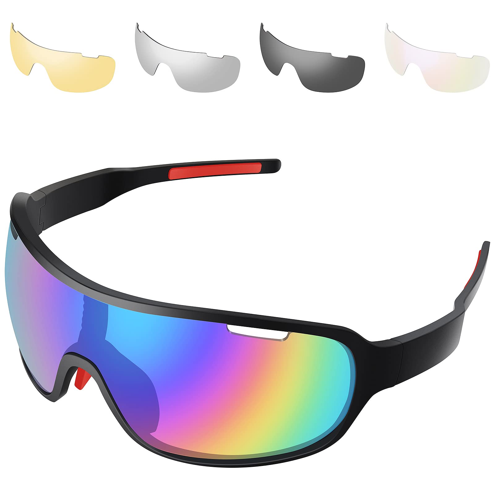 SAWUTPV Polarized Cycling Glasses for Men Women UV400 Protection Sports Sunglasses with 5 Interchangeable Lenses Bike Goggles (BrightBlack)