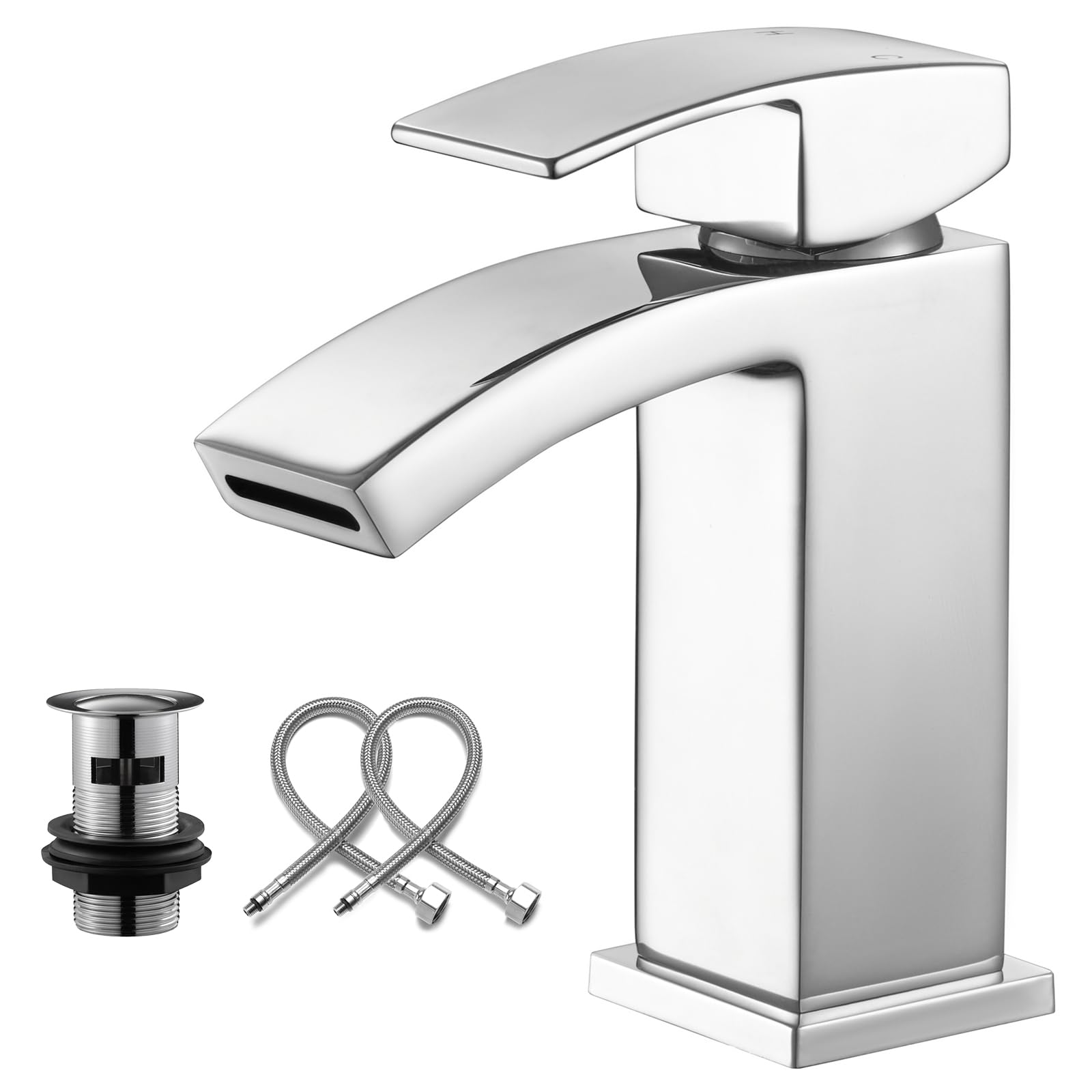 Borlon Waterfall Bathroom Sink Taps Chrome Brass One Hole Mixer Taps for Bathroom Basin Modern Wash Tap with Pop-up Drain
