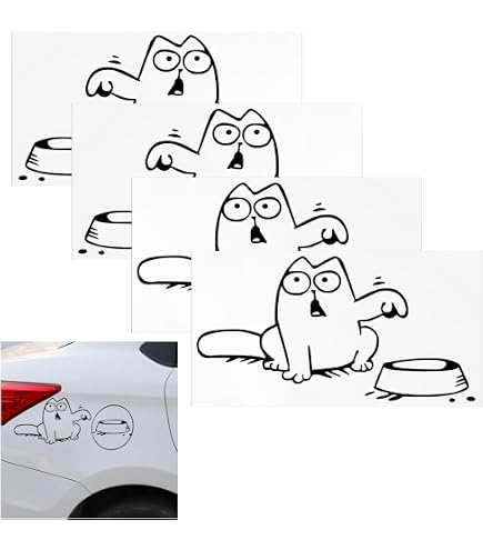 Autocollant Réservoir Voiture Simon's Cat - Design Mignon Chat Noir Et Blanc - Taille 12.8x23.2 Cm - 2 Pièces - Résistant Aux Intempéries