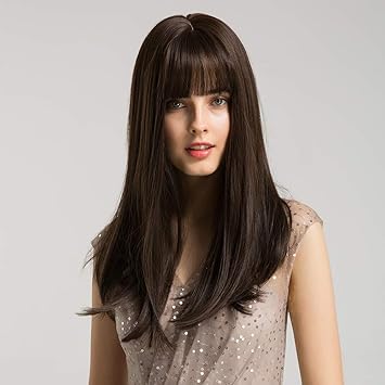 Amazon Com Women Brown Wig Dark Roots Synthetic Wigs With Bangs
