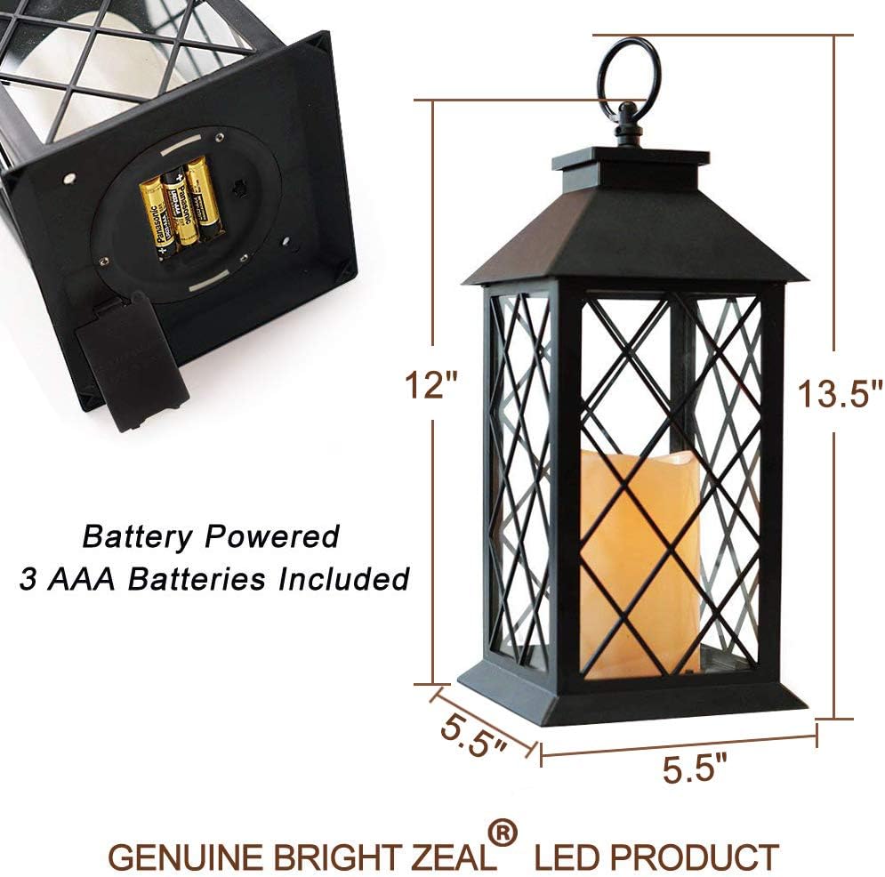 Bright Zeal 2-Pack 14" Vintage Candle Lantern With LED Flickering Flameless Candle (Black, 6hr Timer) - Battery Powered Candle Lantern Outdoor - Decorative Hanging Lantern For Patio - Tabletop Lantern: Home & Kitchen
