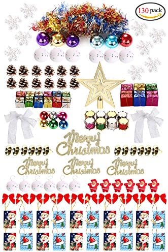 130ct Christmas Tree Ornaments Assortment including Tree Topper Balls Snowflakes Pine Cone Star Miniature Gift Boxes Tinsel Garlands Letter Cards Snow Globe Bowknot Colorful Drum Santa Claus Doll