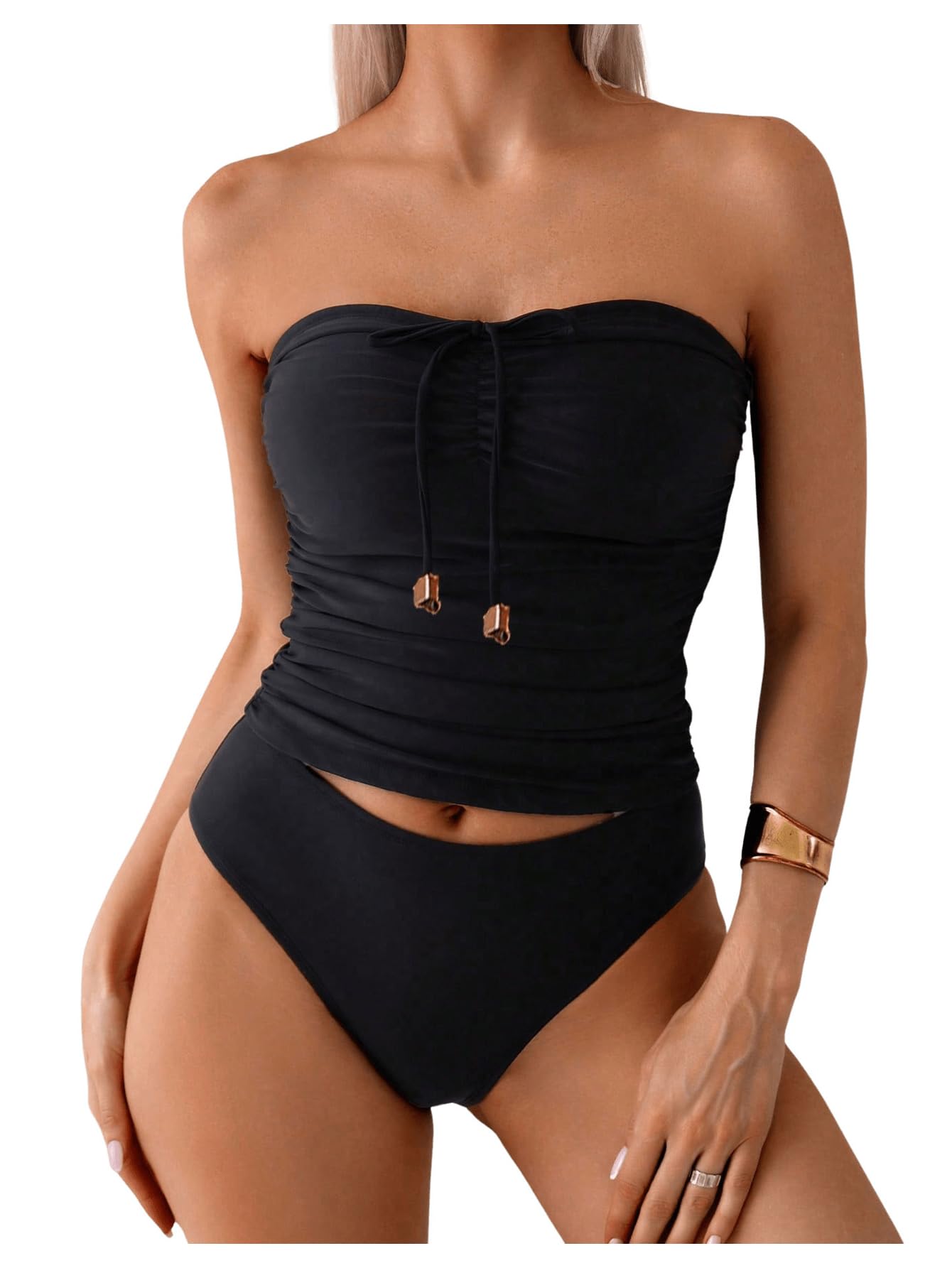 Photo 1 of SweatyRocks Women's Swimsuit Ruched Strapless Bandeau Bikini Sets 2 Piece Bathing Suit Black Small