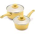 GreenLife Soft Grip Healthy Ceramic Nonstick, 1QT and 2QT Saucepan Pot Set with Lids, PFAS-Free, Dishwasher Safe, Yellow