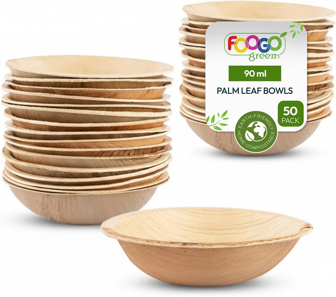 FOOGO Green 50pcs Disposable Palm Leaf Mini Bowls, 4" (10cm) Round, 90ml (3oz), Mini Ketchup Pots, Sauces & Dips, Eco Friendly Home Compostable, Like Wooden, Bamboo and Paper Bowls