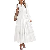 BTFBM Spring Dresses for Women 2026 Casual Long Sleeve V Neck Elastic Waist Lightweight Maxi Wedding Guest Dress Pockets