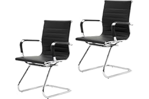 CIMOTA Waiting Room Chairs Leather Office Guest Chair Mid Back Reception Chairs with Sled Base for Meeting/Patient/Conference Room, Black Set of 2