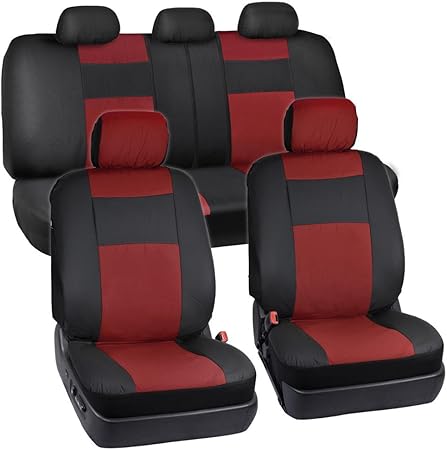 Amazon kビニールシン自動車シートカバーとpuレザーファブリック フルフロント リア内部セット レッド Os 409 Rd 18 シートカバー 車 バイク