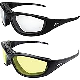 2 Pairs of MF Eyewear Patriot Padded Motorcycle Riding Safety Sunglasses Black w/Clear & Yellow Lenses Z78.1+ Glasses Convert to Goggles