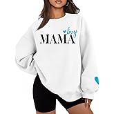 MYHALF Women Mama Oversized Crewneck Sweatshirt: Momma Embroidered Shirt Funny Mom Letter Print Long Sleeve Pullover Tops