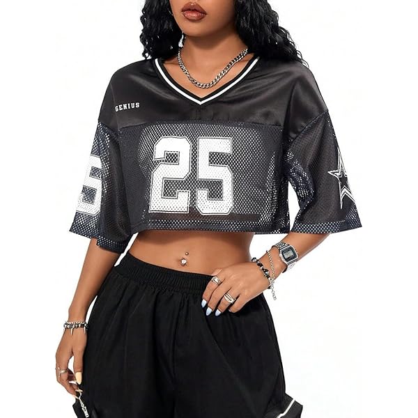 GORGLITTER Women's Number Graphic Jersey Crop Top Shirts Y2K 90s
