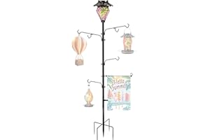 LUJII 6.8FT Solar Shepherds Hooks with Hand Blown Glass, Decorative RGB Lights, Heavy Duty Hummingbird Feeder, Bird Feeder, Wind Chime Stand with 4 Hangers and 1 Garden Flag Hook (Purple)