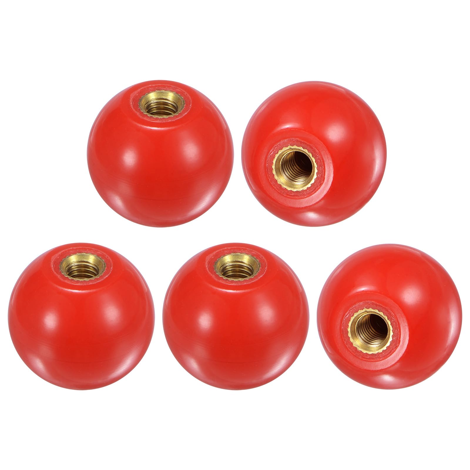M METERXITY 5-Pack Threaded Ball Knobs, M6 Female Thread 25mm Dia. Thermoset Ball Knob for Lathe/Machine/Lawn Mowers, Round Phenolic Brass Insert Lever Handle [Red]