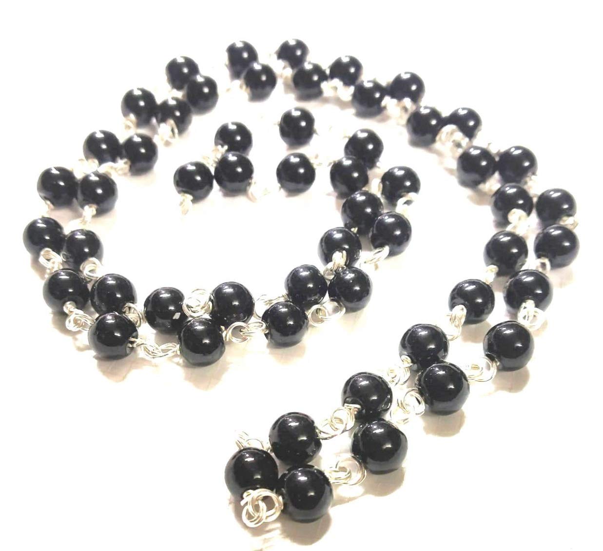 numeroastro Natural & Original Black Agate | Hakik Mala | Rosary In White Metal (54+1 Beads) (6 MM Approx) (1 Pc)
