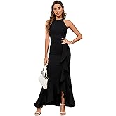 GOOSPRAN Black Formal Dresses for Women Gowns Halter Neck Split Wrap Ruffle Mermaid Cocktail Dress Wedding Guest Dresses