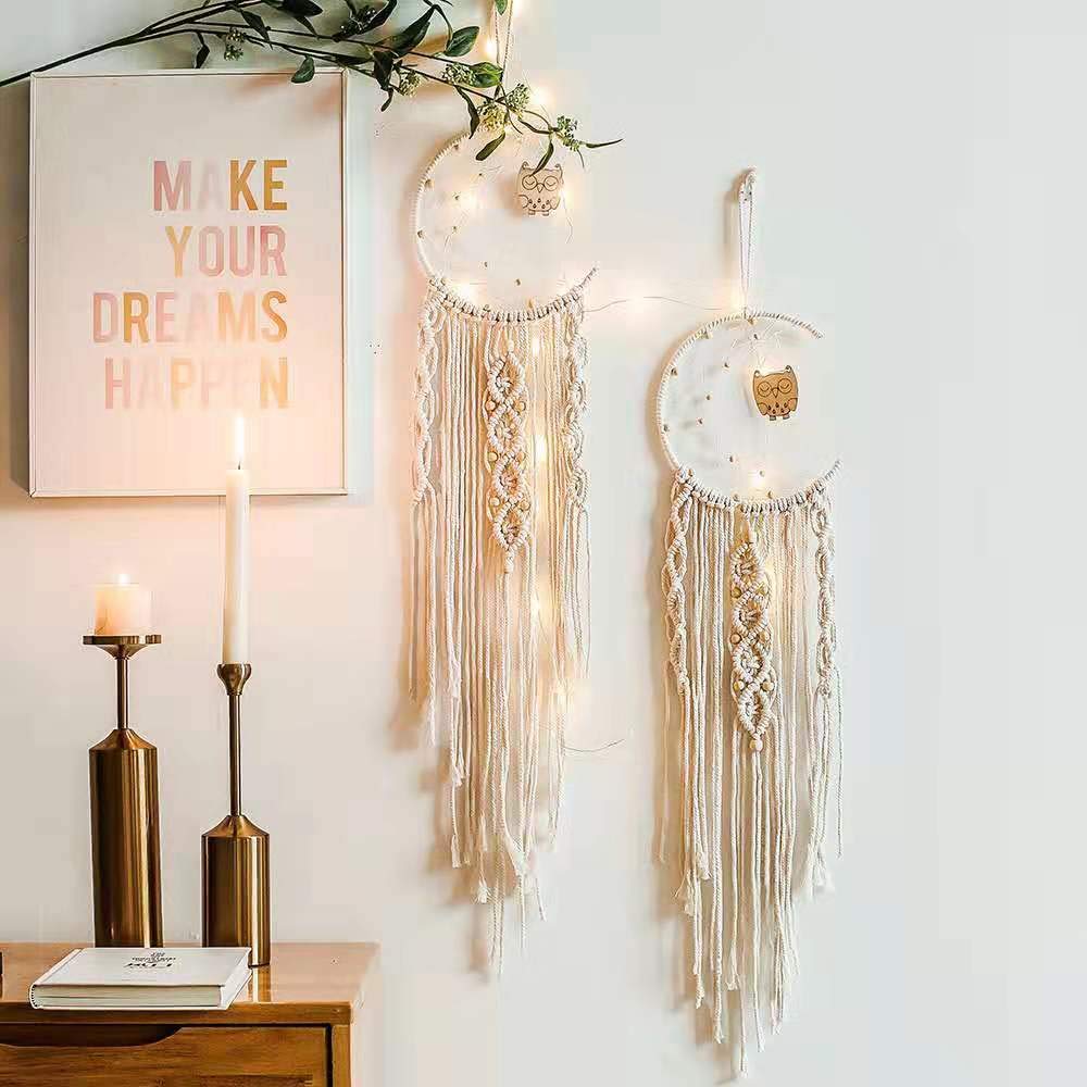 Aotoer Moon Dream Catcher Boho Cotton Woven Macrame Wall Hanging with Cute Wooden Owl Orangment and Beads for Wedding Decoration, Present for Valentines Anniversary Day Birthday or Classmates
