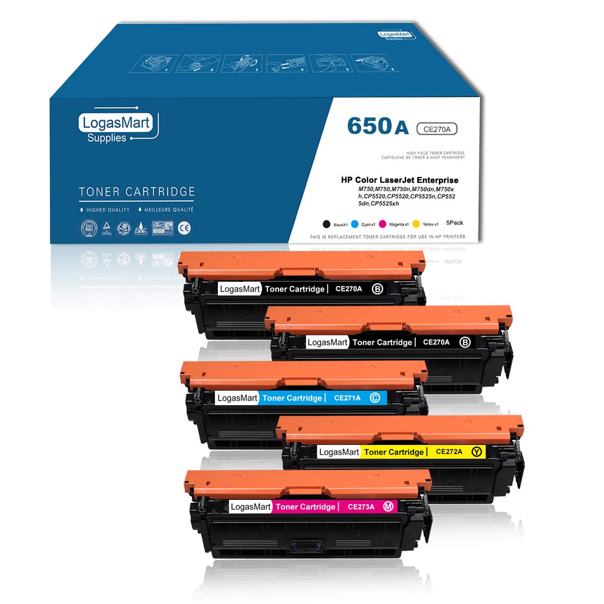 LogasMart 5PK CE270A Toner Compatible for HP 650A CP5525dn M750dn CP5525 CP5525n CP5525xh M750n M750