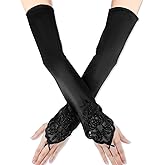 Long Fingerless Satin Gloves, Opera Party Gloves for Women, Elbow Length Silk Glove, 1920s Long Glove, Gatsby Style Costume Accessories for Dances, Banquet, Opera, Wedding, Party and Cosplay (Black)