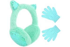 HYHFM Winter Ear Muffs Gloves Set for Kids with Adjustable Sequins Shiny Fluffy Warm Earmuffs for Kids Outdoor Cold Weather