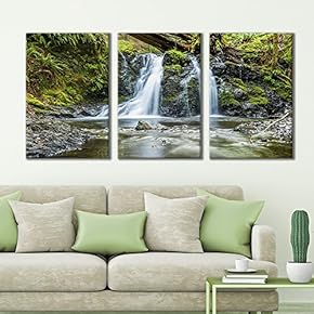 3 Panel Canvas Wall Art - Majestic Natural Landscape Triptych Canvas Series - Secluded Forest Waterfall - Giclee Print Gallery Wrap Modern Home Art Ready to Hang - 16"x24" x 3 Panels