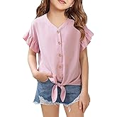 Girls Ruffle Short Sleeve Shirts V Neck Tie Front Knot Tops Button Cute Tunic Shirts Blouse