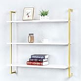 OLDRAINBOW Industrial Metal Wall Shelf,Floating Wood Shelves Wall Mounted,36in Iron Real Wood Book Shelves,3 Tier Bookshelf Shelving