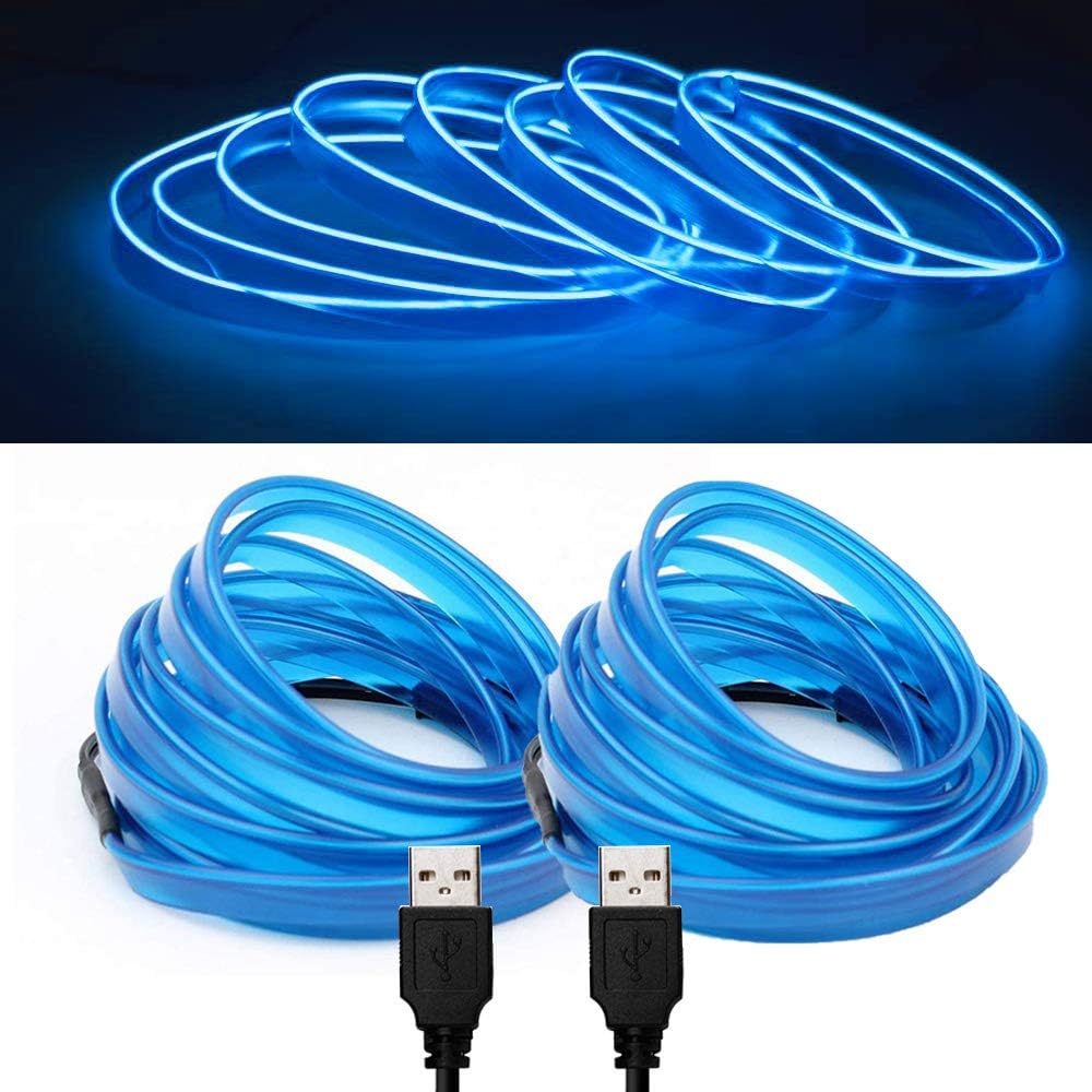 Soltuus 2 Pack/16.4 ft EL Wire Car Kit Blue, Neon Lights USB Powered Automotive Interior, Blacklight Run, DIY Car Decoration