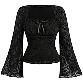 Floerns Women's Plus Size Grunge Floral Mesh Flare Sleeve T Shirt Bow Tie Square Neck Concert Tee Tops