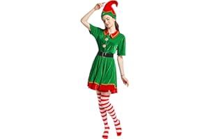 JESOHO Elf Dress for Women Costume,Holiday Hat, Red Striped Stockings, Rubber Band Belt 4-Piece Set (Sizes: S, M, L, XL)