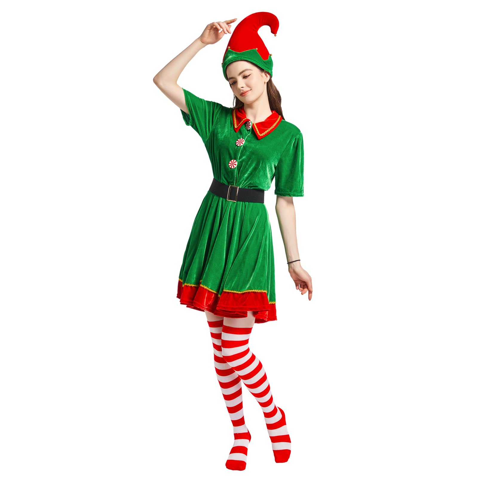 JESOHO Womens Holiday Elf Costume Dress and Stand-up Hat Elf Costume for Women with Sock and Belt (Green, M)