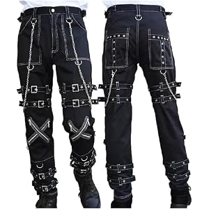Men’s Electro Bondage Gothic Red Dragon Stitch Rave Cyber Chain Goth Jeans Punk Rock Pants/USA