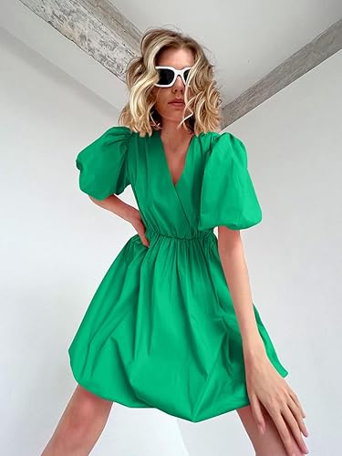 Puff Sleeve Green Casual Summer Dress PRETTYGARDEN