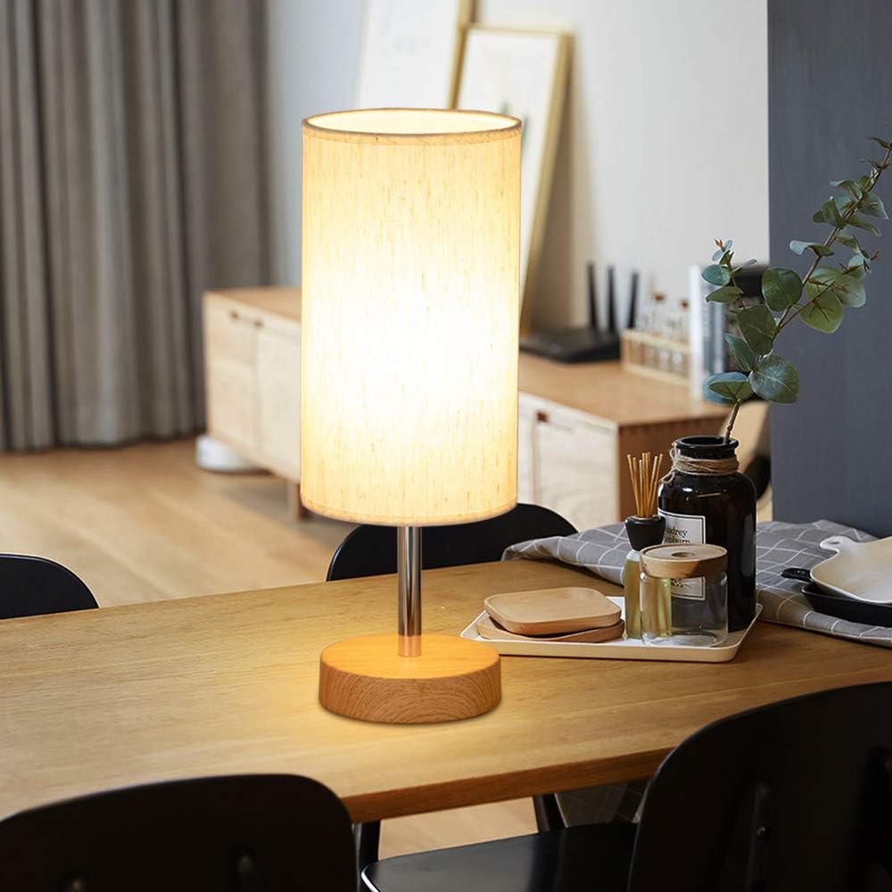 Bedside Lamp with USB port - Touch Control Table Lamp for Bedroom Wood 3 Way Dimmable Nightstand Lamp with Round Flaxen Fabric Shade for Living Room, Kids Room, College Dorm, Office(LED Bulb Included) - - 