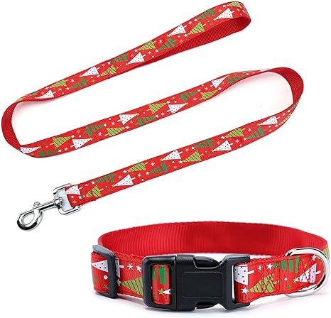 Petsoigné Set Collar y Correa para Perros Gatos Navidad Año Nuevo Collar Correa para Perro Nylon (M, Árbol de Navidad)