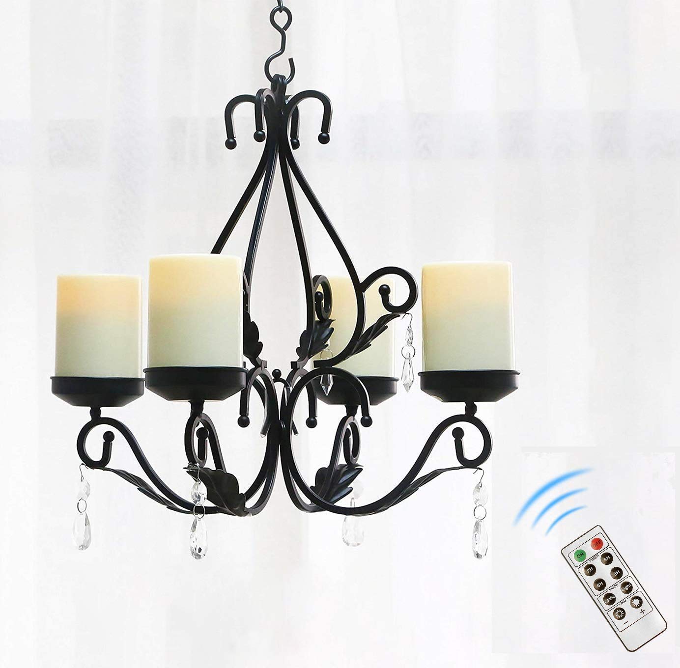 simpdecor Lighting Candles Candelabra Chandelier Chain Hang Metal Wall Pendant Candle Holder Sconce with 4pcs Battery Operated Led Candle with Remote, Black
