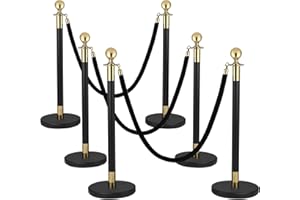 Berverra 6PCS Black Gold Stanchions, Stanchions and Velvet Ropes 4PCS, Crowd Control Barriers, Black Poles for Red Carpet Suitable for Theaters, Party, Exhibition Center, Ticket Office