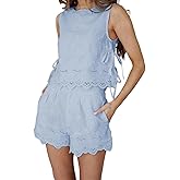 SOOKABEILA Women Side Tie Top Set Y2k Sleeveless Floral Embroidery Tank Top and Shorts 2 Pcs Hollow Out Lounge Outfits
