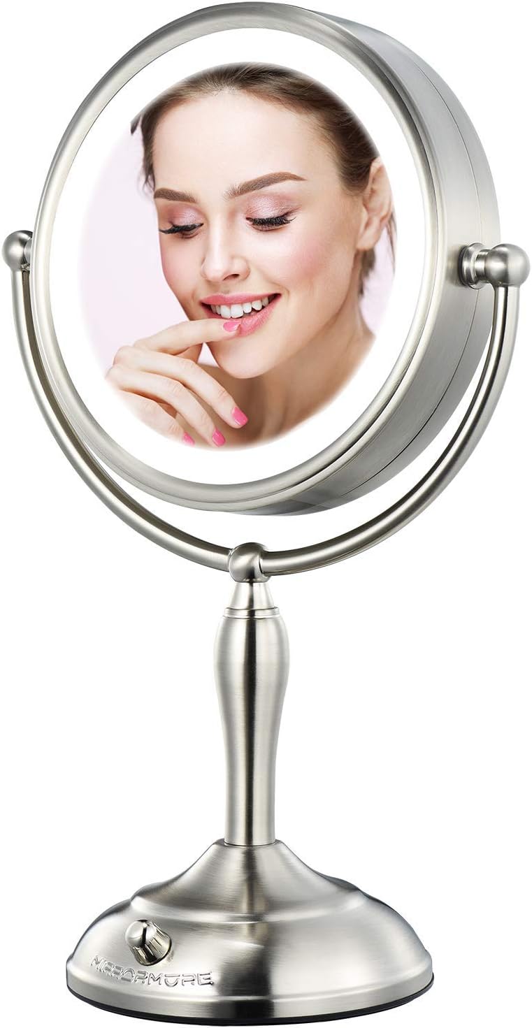 MIRRORMORE Professional 7.5" Lighted Makeup Mirror, 10X Magnifying Vanity Mirror with 28 Medical LED Lights, Senior Pearl Nickel Cosmetic Mirror, Brightness Adjustable(0-1100Lux) Desk Lamp Alternative
